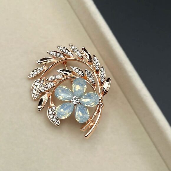 Rose Gold with White Diamond and Opal Crystal Flower and Leaf Pin Back Brooch - Picture 6 of 9